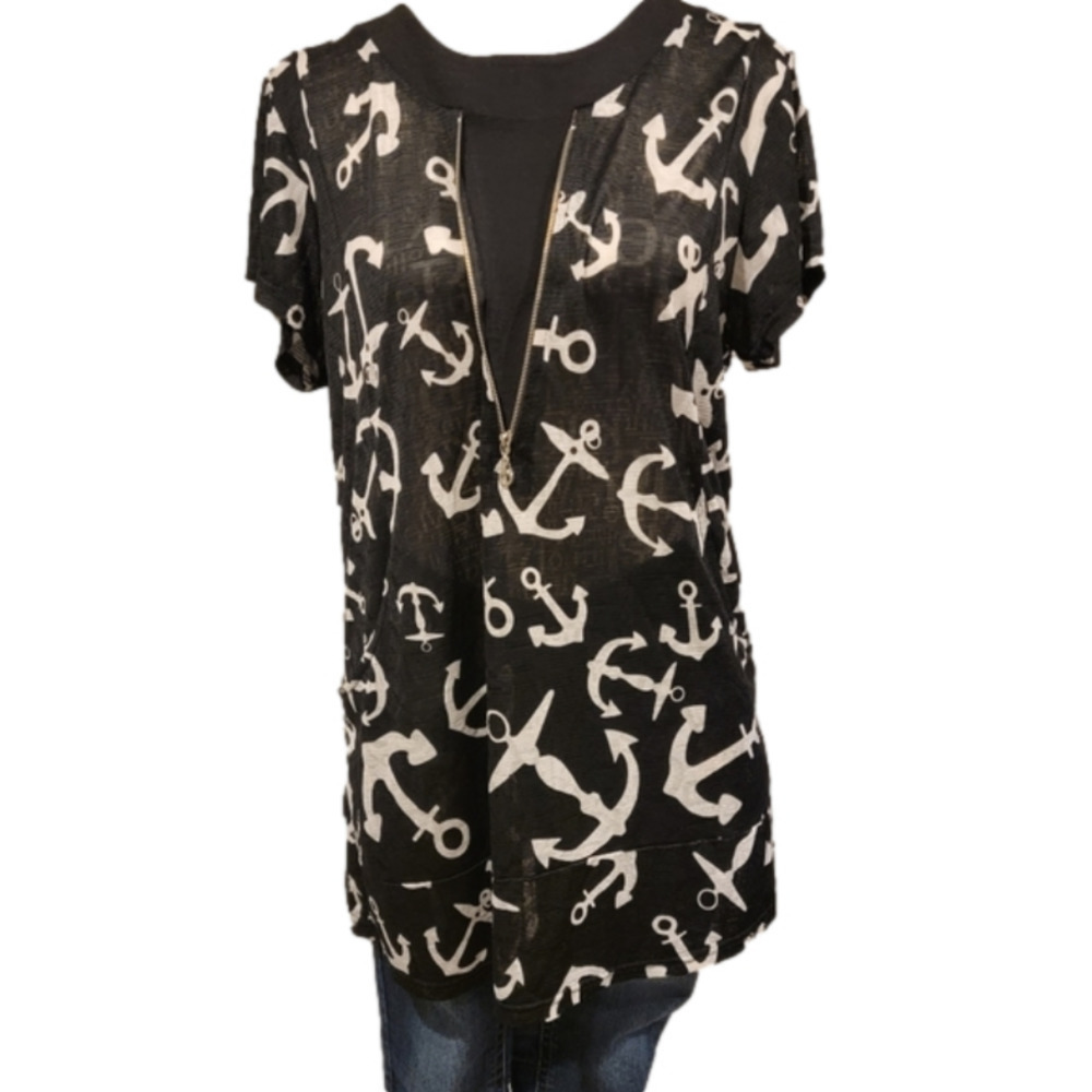 Source Unknown  Nautical Anchor Print Short Sleeve Top With Front Zip